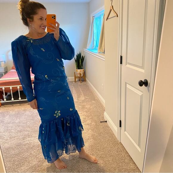 Vintage Handmade Blue Embellished Long Sleeve Mermaid Maxi Gown Small - Picture 5 of 15